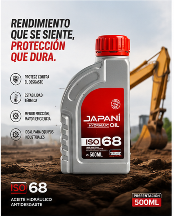 Aceite hidráulico Japani ISO 68 en envase de 500ml con tapa roja, sobre terreno de tierra con una excavadora amarilla al fondo.