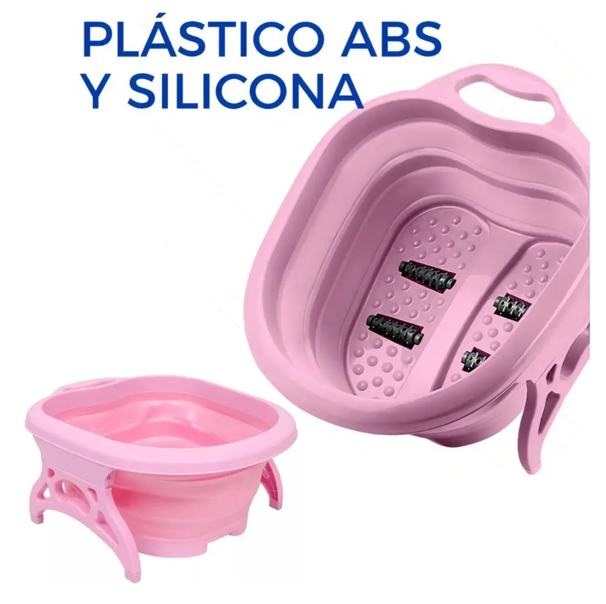 Tina spa para pies plegable color rosa de plástico ABS y silicona, con rodillos masajeadores negros y base texturizada.