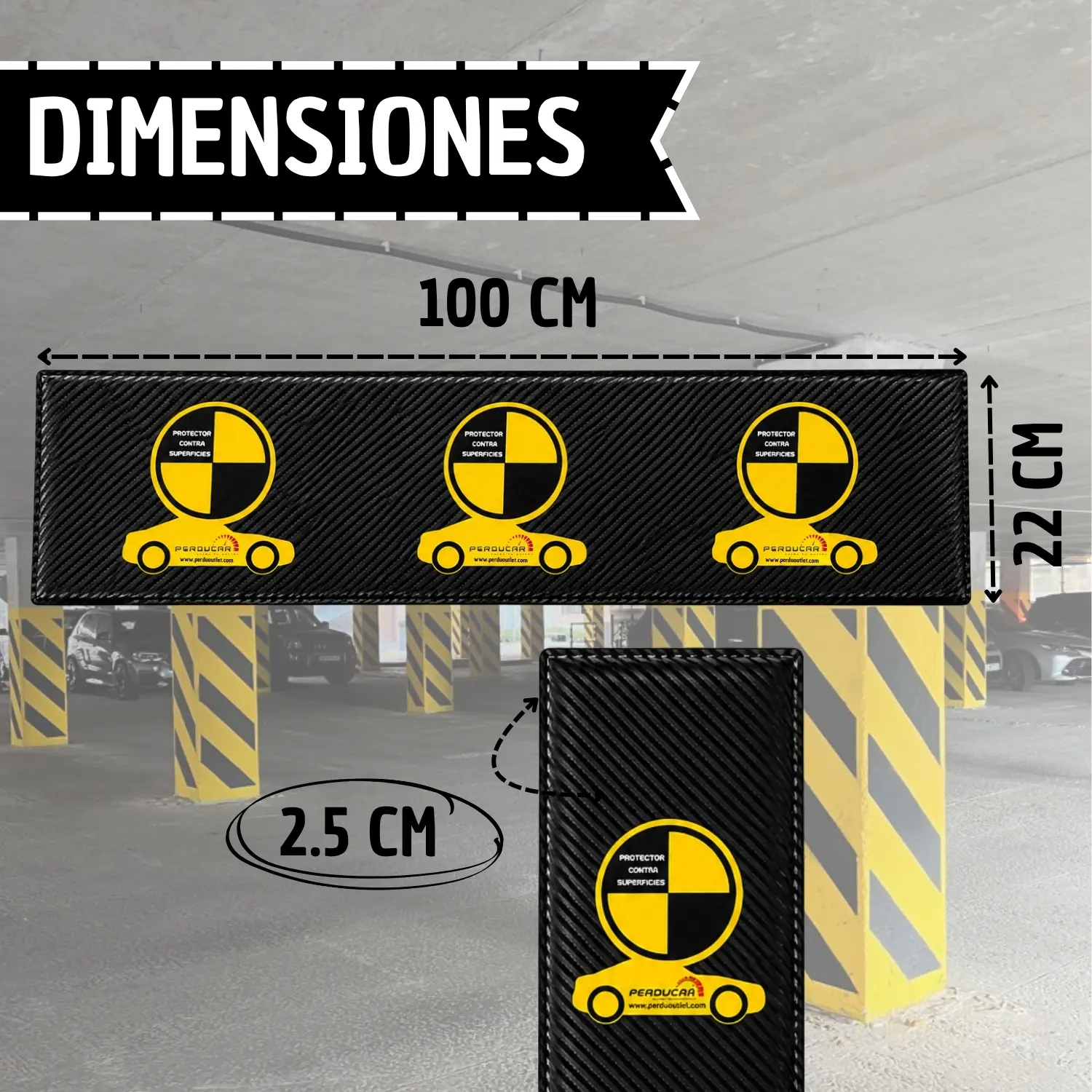 Protector de pared para garaje negro con textura de fibra de carbono y logo amarillo. Dimensiones: 100x22 cm y 2.5 cm de grosor.