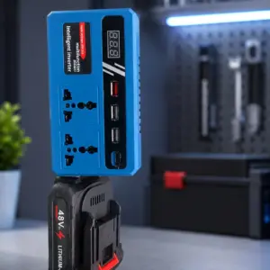 Inversor inteligente azul con pantalla digital, tomas de corriente y puertos USB, acoplado a una batería de litio de 48V en un taller.