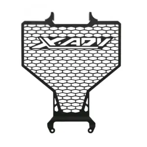 Protector de radiador negro para Honda X-ADV en acero inoxidable con patrón de malla hexagonal y logotipo X-ADV integrado.