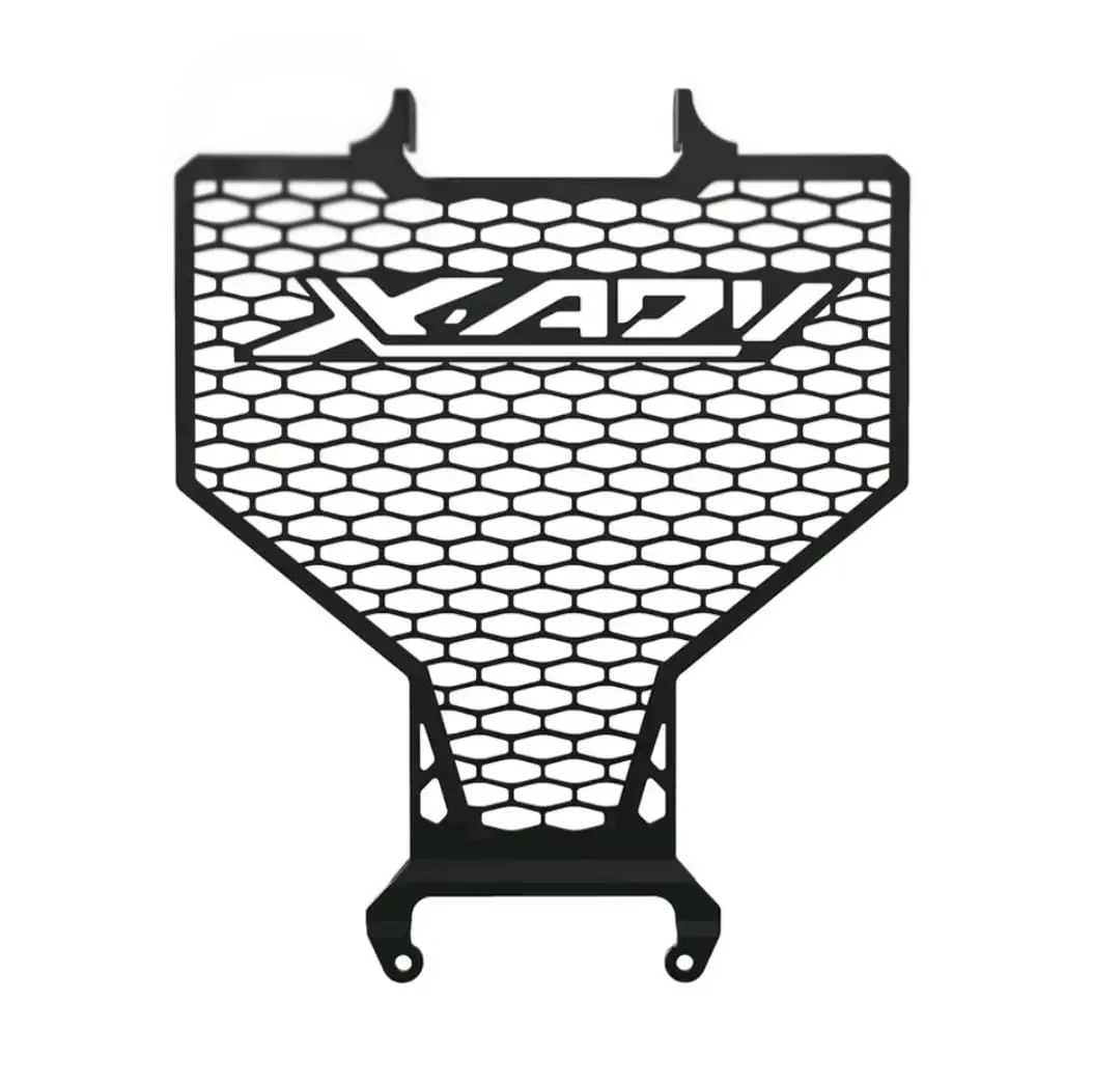 Protector de radiador negro para Honda X-ADV en acero inoxidable con patrón de malla hexagonal y logotipo X-ADV integrado.