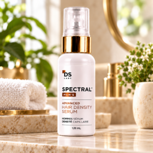 Sérum capilar para hombre Spectral Men Advanced 120 ml en botella blanca con dispensador dorado sobre superficie de mármol