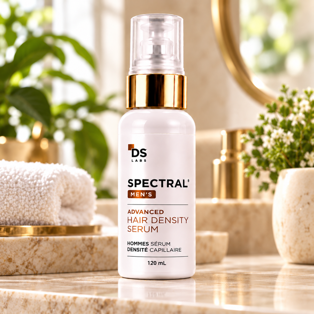 Sérum capilar para hombre Spectral Men Advanced 120 ml en botella blanca con dispensador dorado sobre superficie de mármol
