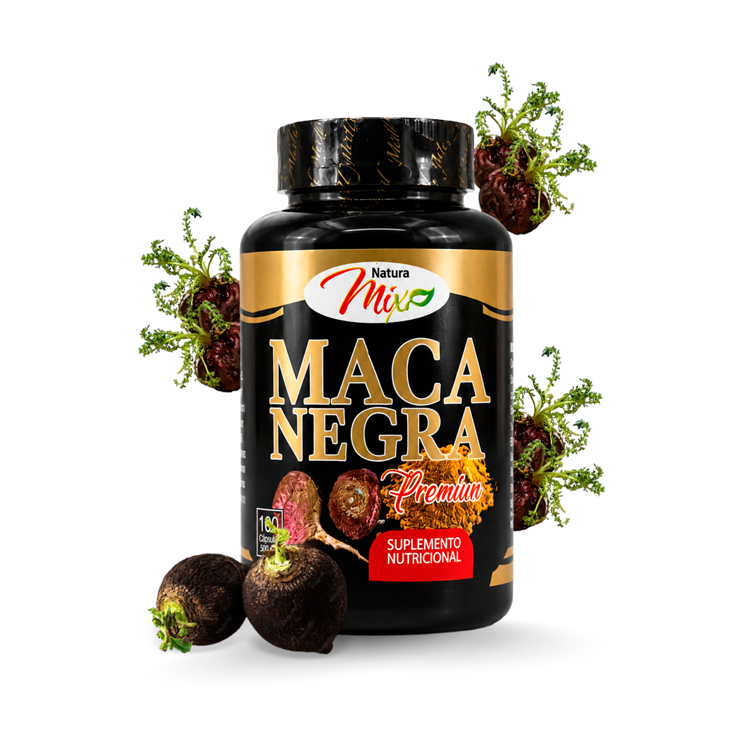 Frasco negro de suplemento nutricional Natura Mix Maca Negra Premium rodeado de raíces de maca enteras y trozos con brotes verdes.