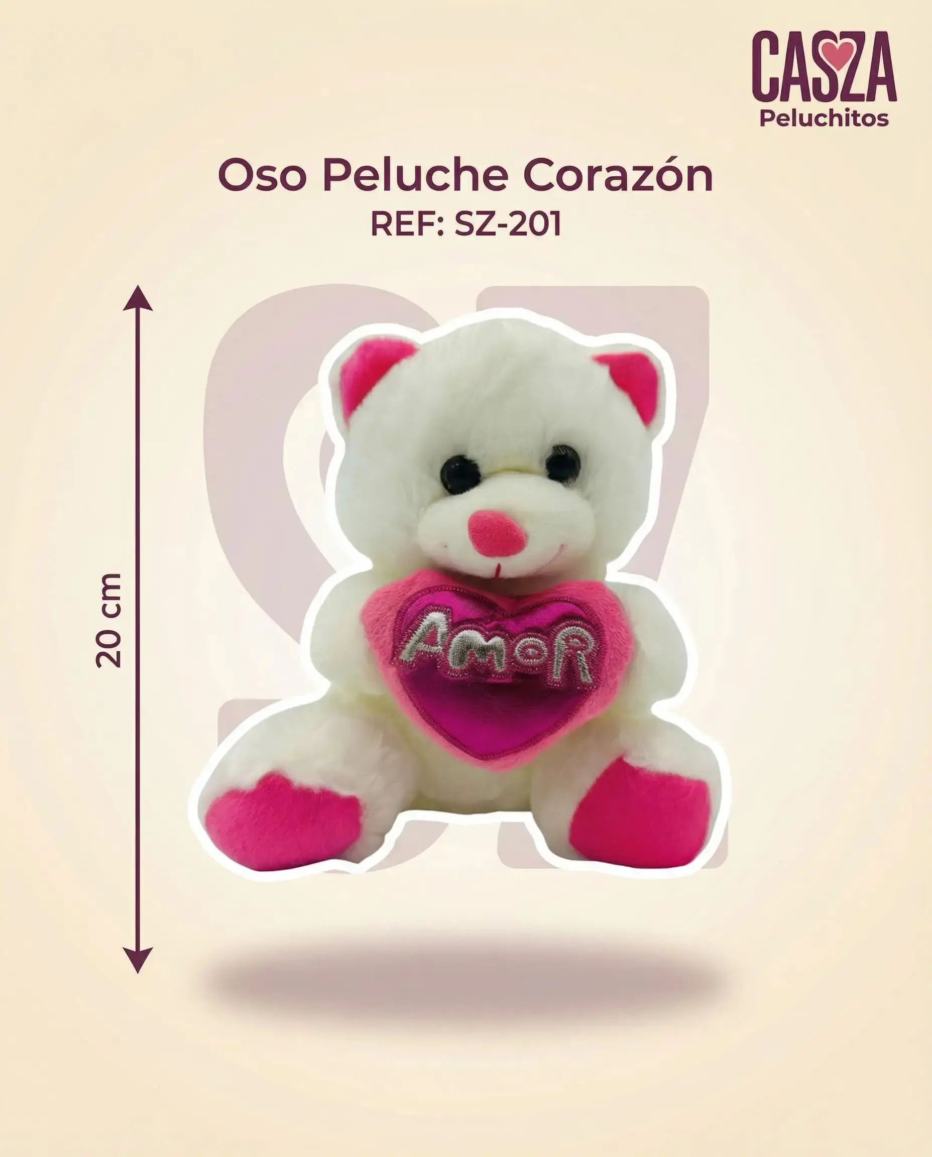 Osito de peluche blanco de 20 cm con detalles fucsias en orejas y patas, sosteniendo un corazón rosa con la palabra Amor bordada.
