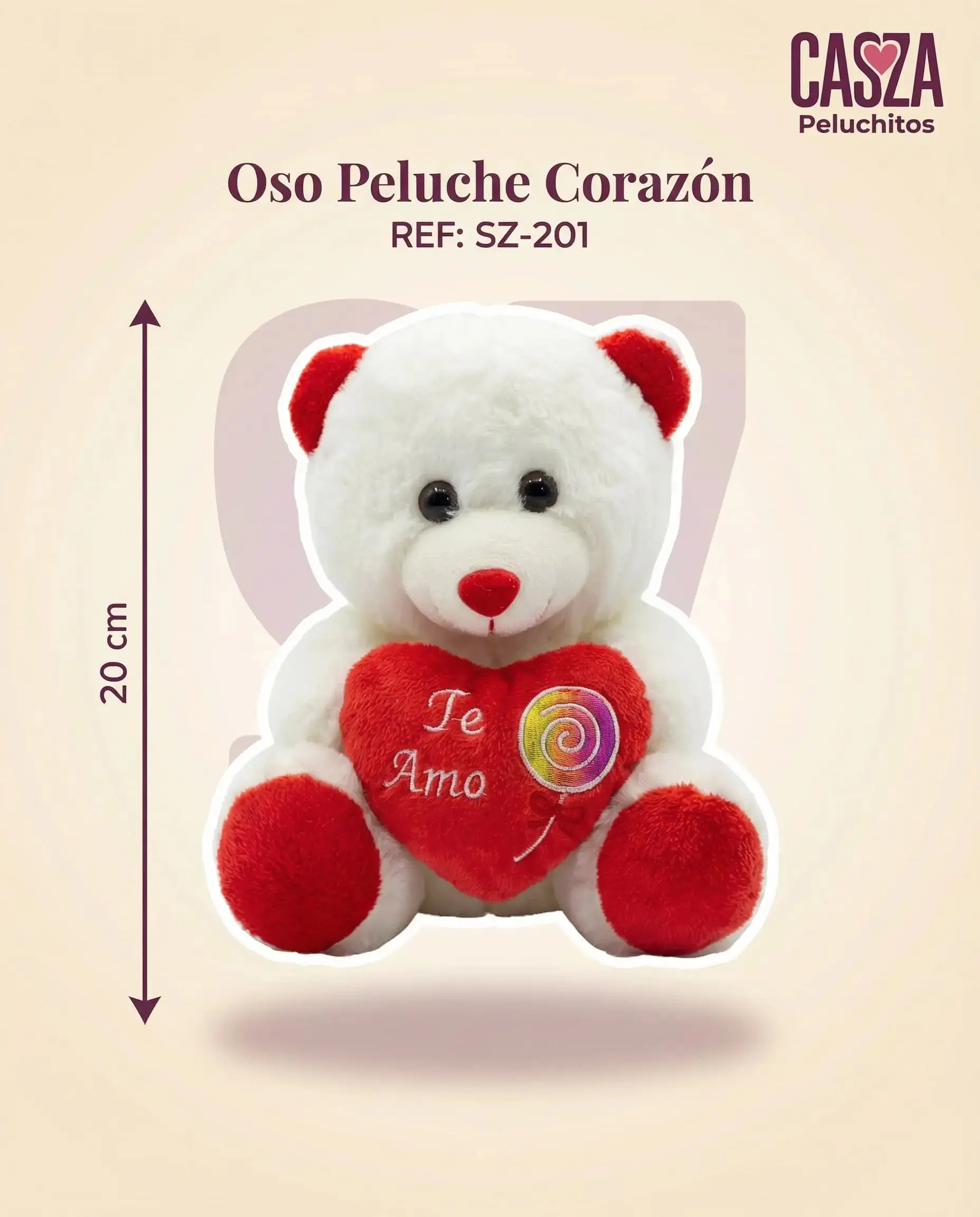 Osito de peluche blanco de 20 cm con orejas y patas rojas, sosteniendo un corazón rojo con el texto Te Amo y un diseño de bombón bordado.