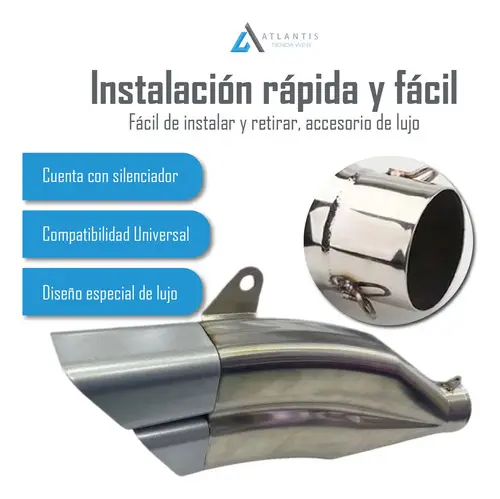 Exosto deportivo de acero cromado con acabado brillante, diseño aerodinámico, pestaña de montaje y abrazaderas para conexión universal.