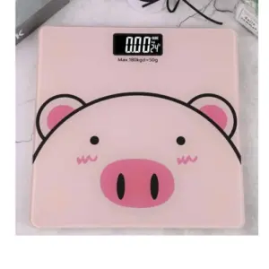 Báscula digital de baño rosa con diseño de cerdo, vidrio templado y pantalla LED superior, capacidad de 180kg