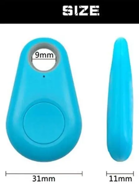 Rastreador Bluetooth azul cian con vista frontal y lateral. Mide 31 mm de ancho, 11 mm de grosor y tiene un orificio de 9 mm.