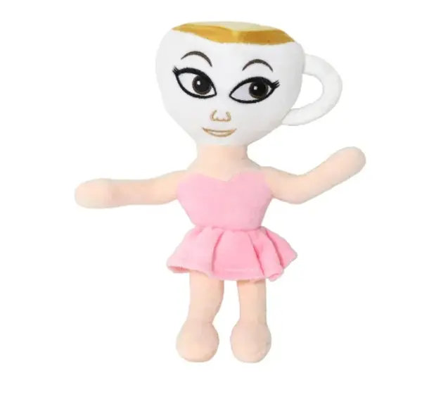 Peluche de bailarina capuchina con cabeza de taza blanca, cabello dorado, vestido rosa y piel color crema de textura suave.