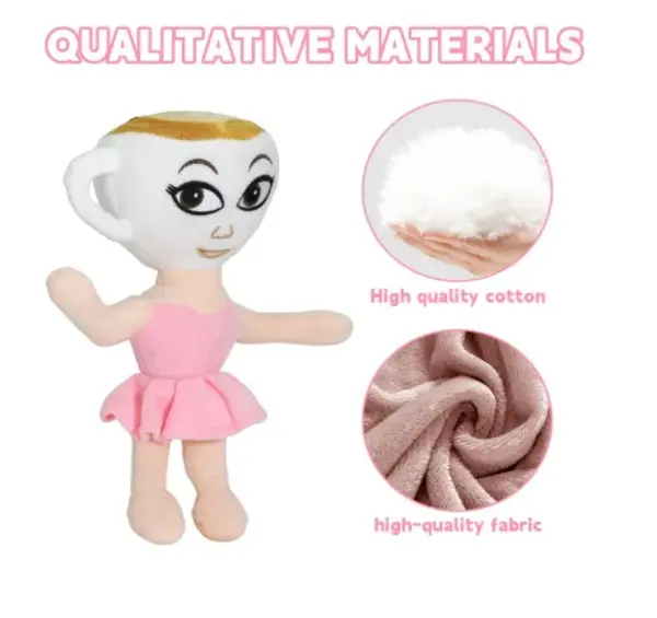 Peluche de bailarina capuchina con cabeza en forma de taza, vestido rosa y detalles en algodón y tela suave.