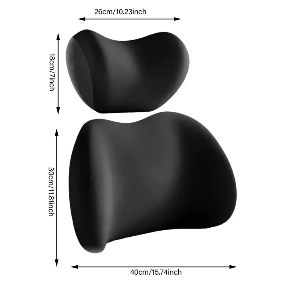 Dos cojines cervicales ergonómicos de memory foam negro. El pequeño mide 26x18 cm y el grande 40x30 cm.
