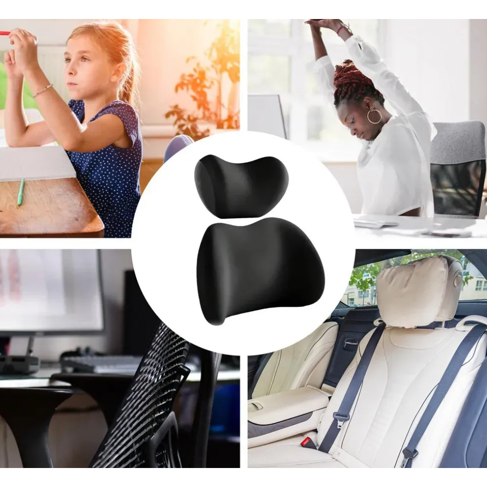 Set de cojines ergonómicos negros de memory foam para cuello y espalda, mostrados en uso en oficina, hogar y auto.