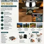 Cocinilla portátil a gas tipo tarjeta color verde metálico con olla de acero inoxidable, empaque, funda negra y medidas de 11,5x8,5x2,5 cm para camping.