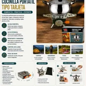 Cocinilla portátil a gas tipo tarjeta color verde metálico con olla de acero inoxidable, empaque, funda negra y medidas de 11,5x8,5x2,5 cm para camping.