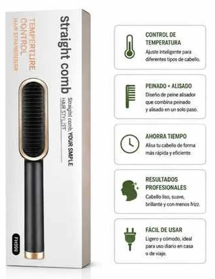 Caja de cepillo alisador eléctrico negro con borde dorado y cinco íconos de beneficios en español al lado derecho.