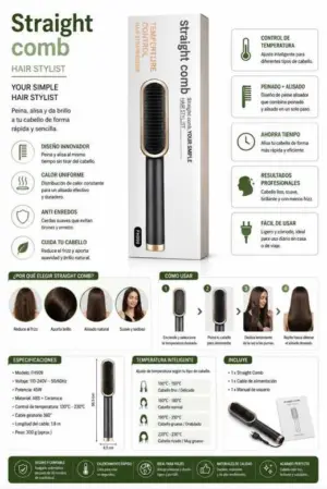 Set x2 Peine alisador eléctrico con cinco niveles de temperatura y control anti frizz - Alisa y peina tu cabello rápidamente todos los días sin tirones