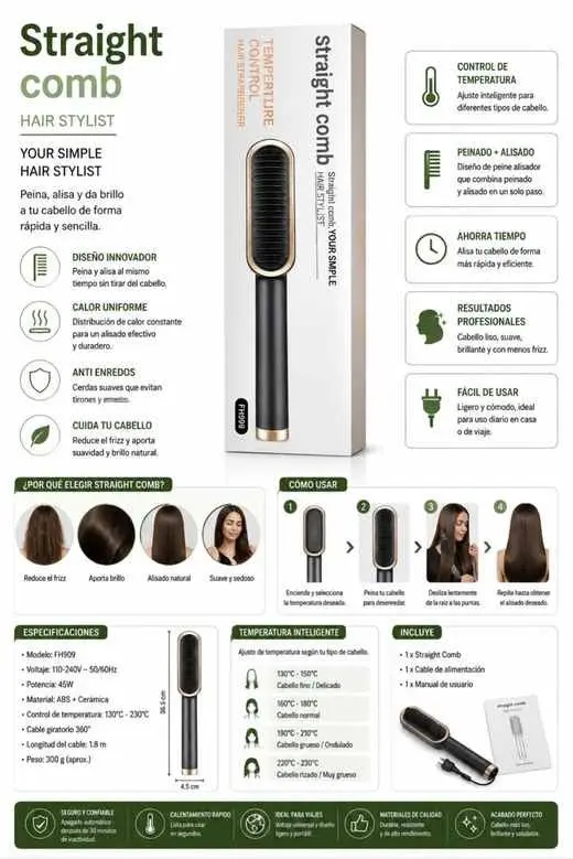 Peine alisador eléctrico negro con detalles dorados, medidas de 36.5 x 4.5 cm, caja de empaque y manual incluidos para alisar y peinar el cabello.