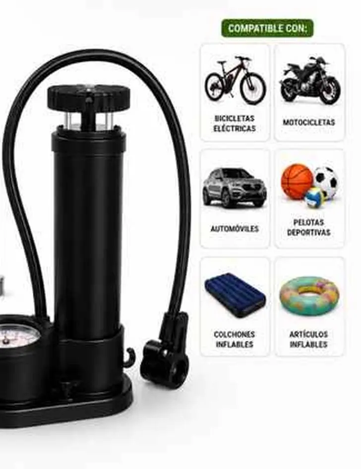 Inflador de pie portátil color negro con manómetro integrado, manguera flexible y panel lateral con iconos de compatibilidad.
