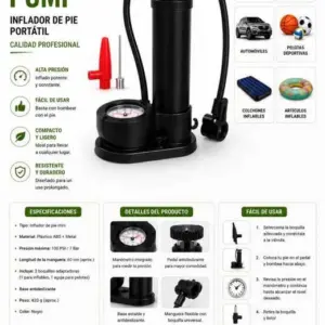 Mini inflador de pie portátil negro con manómetro, manguera flexible, dos boquillas adaptadoras y aguja para uso multipropósito