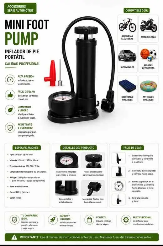 Mini inflador de pie portátil negro con manómetro, manguera flexible, dos boquillas adaptadoras y aguja para uso multipropósito