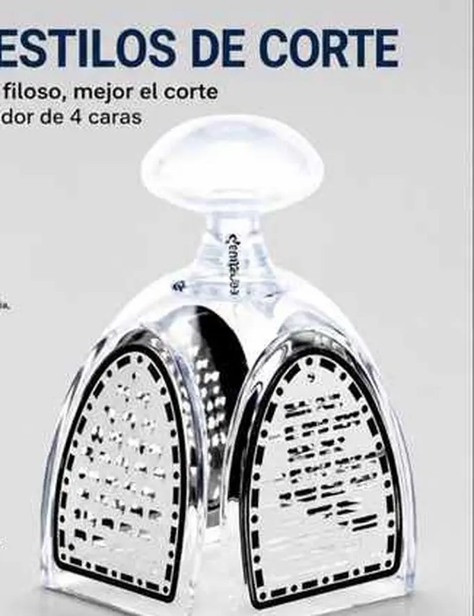 Rallador de mesa con base de plástico transparente tipo domo, mango superior y cuatro caras de cuchillas metálicas para diversos cortes.