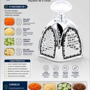 Rayador de mesa transparente de cuatro caras con mango ergonómico superior y cuchillas de acero inoxidable para rallar y cortar vegetales.