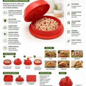 Rallador de carne manual rojo de plástico ABS con púas internas, 17 cm de diámetro y 7.5 cm de altura, para desmechar pollo y res rápidamente.
