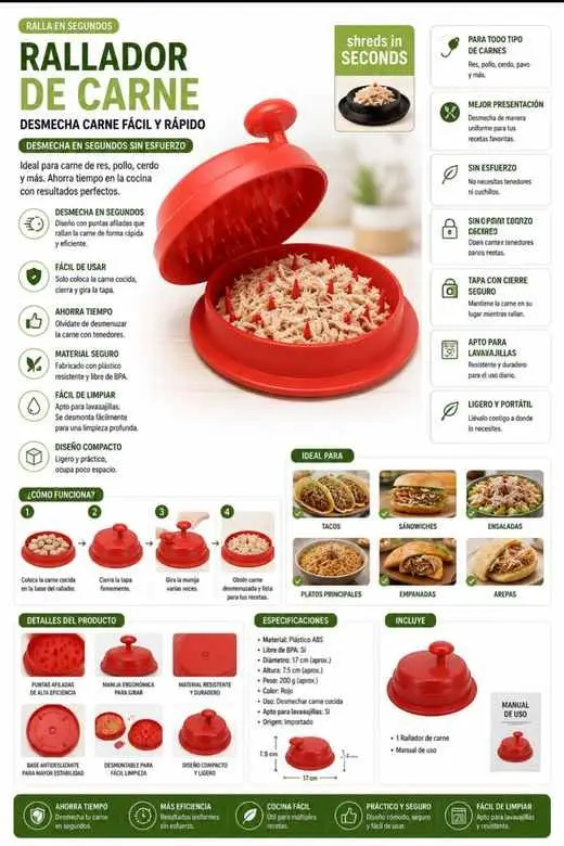 Rallador de carne manual rojo de plástico ABS con púas internas, 17 cm de diámetro y 7.5 cm de altura, para desmechar pollo y res rápidamente.