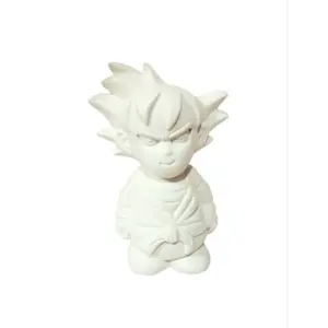 Alcancía de cerámica blanca para pintar con forma de personaje de anime, con cabello puntiagudo y traje de artes marciales.