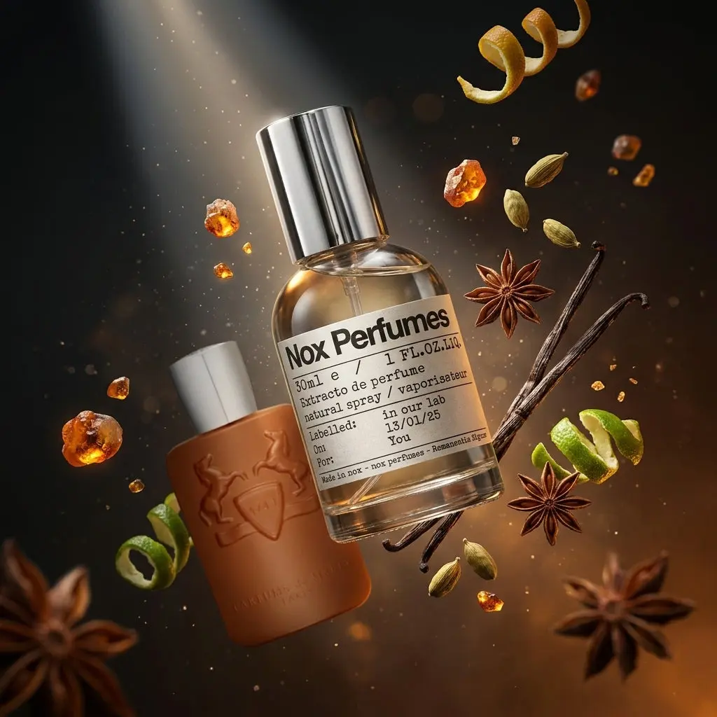 Perfume para hombre Nox en frasco de vidrio de 30 ml con atomizador metálico, junto a una botella marrón con relieve, rodeados de especias, vainilla y cítricos flotantes sobre fondo oscuro.