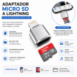 Adaptador metálico plateado Lightning y tarjeta Micro SD SanDisk Ultra de 256GB para expandir memoria en iPhone o iPad.
