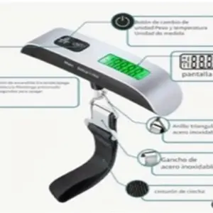 Balanza digital portátil gris para equipaje con correa negra, pantalla LCD, gancho y botón de encendido superior