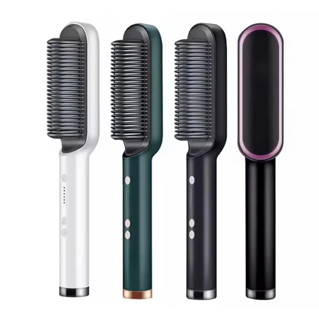 Cuatro cepillos alisadores eléctricos en colores blanco, verde oscuro y negro, con diseño ergonómico, cerdas térmicas y controles de temperatura.