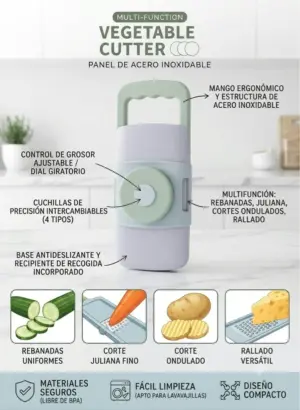 Cortador de verduras multifuncional de plástico y acero inoxidable - Optimiza el tiempo en la cocina preparando ensaladas rápidamente