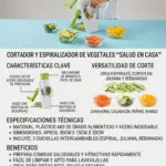 Cortador y espiralizador de vegetales blanco y verde con manivela, base con ventosa, tres cuchillas y dimensiones de 30x15x20 cm