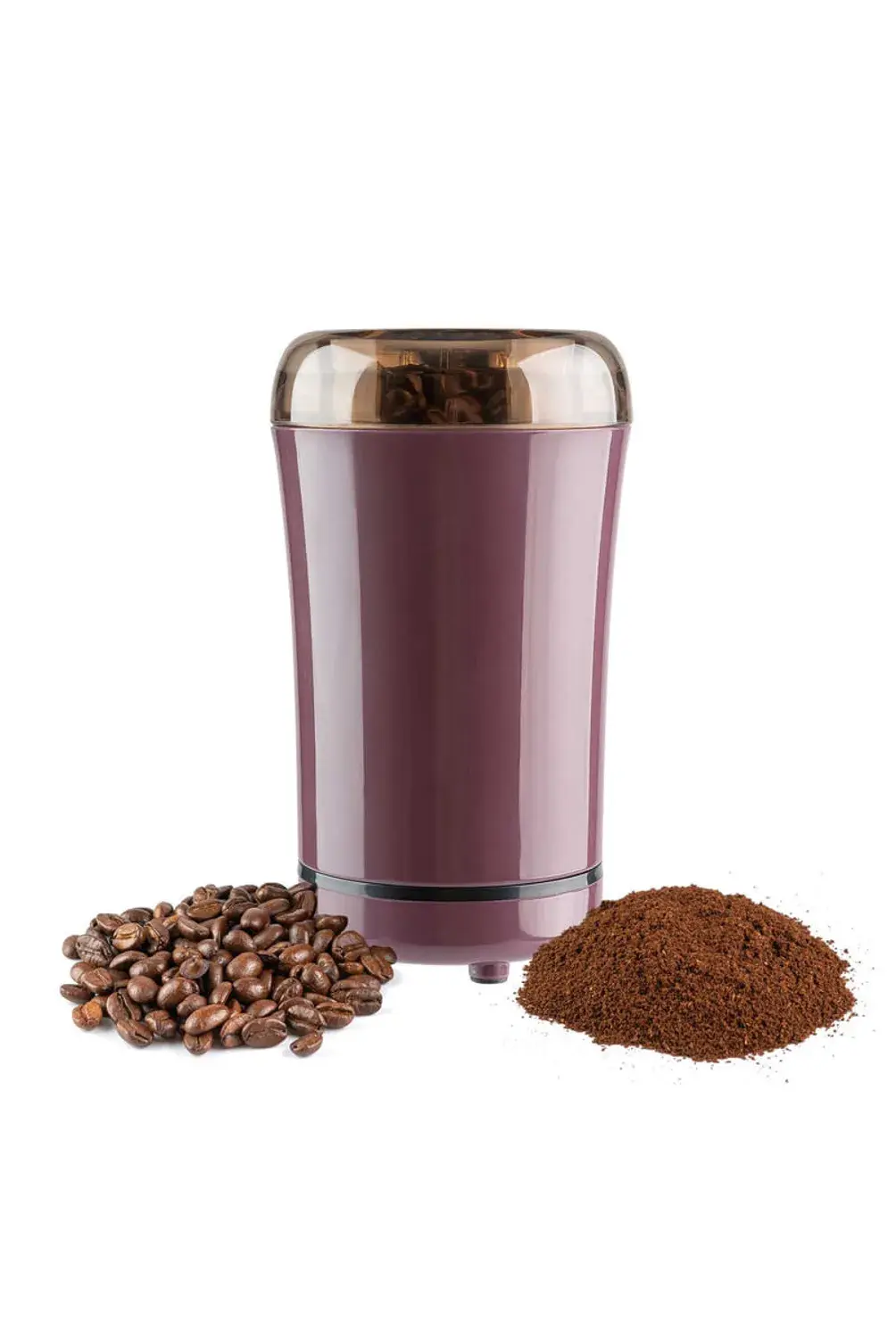 Molino de café eléctrico compacto color morado con tapa transparente, junto a granos enteros y café molido sobre fondo blanco.