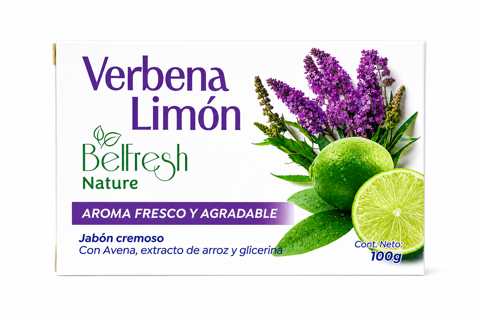 Jabón en barra Verbena Limón 100g de Belfresh, crema con avena, extracto de arroz y glicerina, en empaque blanco con de limones y flores púrpuras.