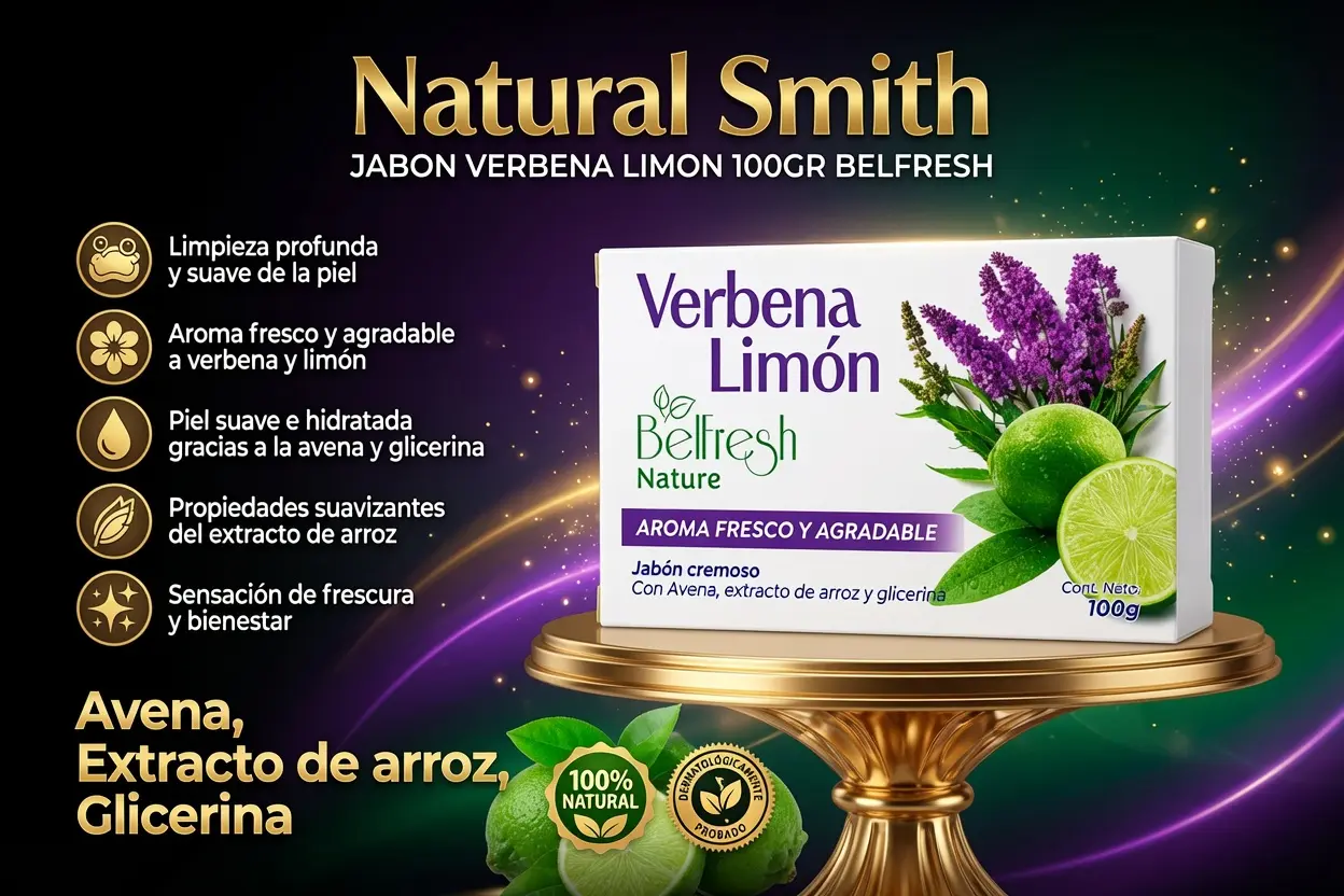 Jabón cremoso Verbena Limón de 100g sobre base dorada, con avena y glicerina para limpieza y suavidad profunda de la piel.