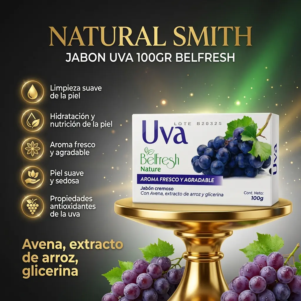 Jabón en barra Uva Belfresh de 100g sobre base dorada, con racimos de uvas frescas y extractos naturales de avena y arroz.