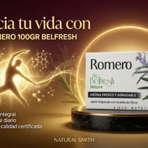 Caja de jabón de romero Belfresh de 100g con aceite de oliva sobre pedestal de mármol con fondo dorado y silueta humana en pose de bienestar.