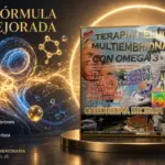 Suplemento de terapia celular multiembrionaria con Omega 3 6 y 9, colágeno y Ganoderma Lucidum en caja dorada con cápsulas y viales líquidos.