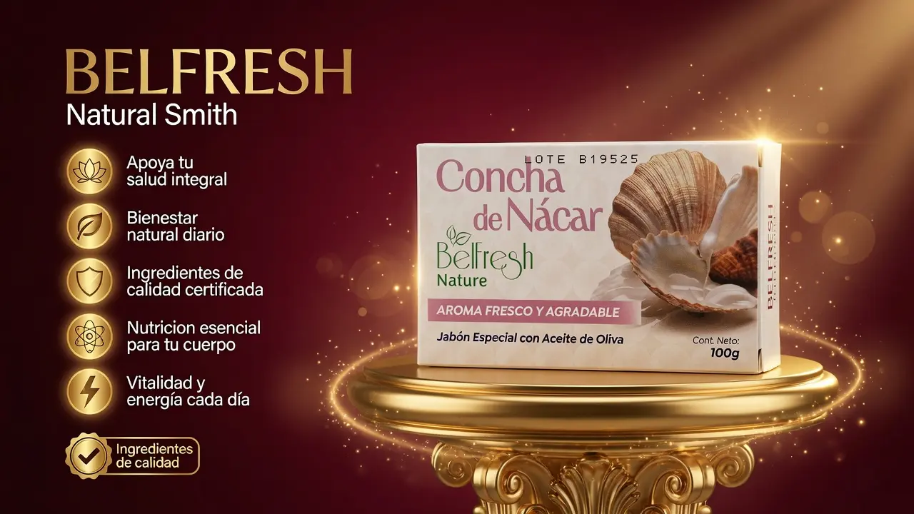 Jabón de Concha de Nácar Belfresh Nature de 100g con aceite de oliva sobre base dorada, aroma fresco y empaque con conchas marinas.