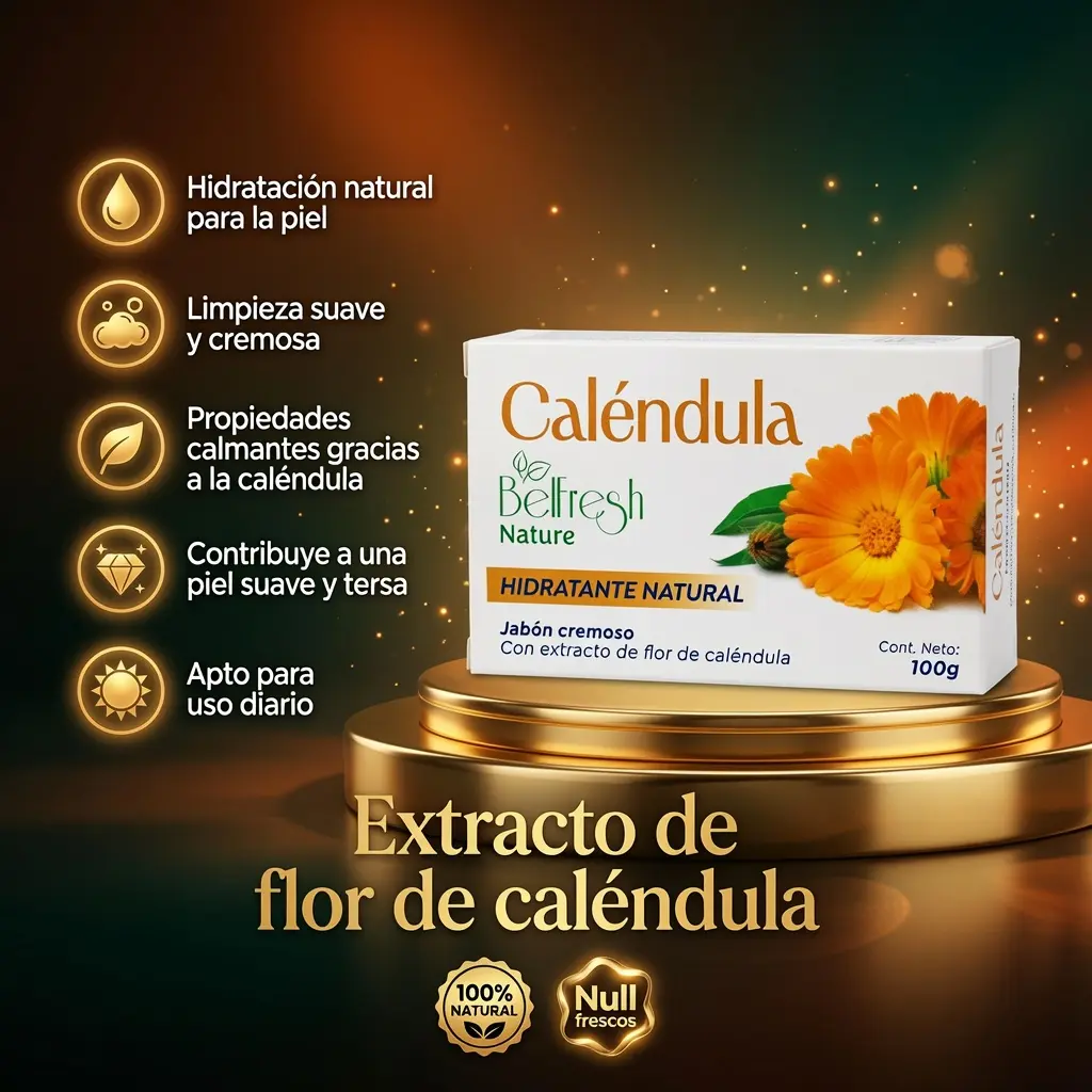 Jabón en barra de caléndula Belfresh de 100g con extracto natural, sobre base dorada y con cinco íconos de beneficios para la piel.