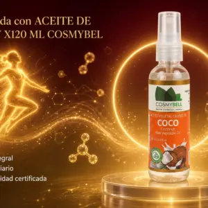 Botella de aceite de coco spray x120 ml sobre podio luminoso con fondo dorado, ideal para uso cosmético y bienestar diario.