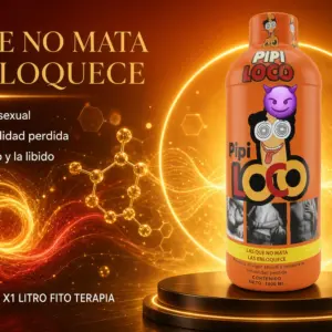 Botella plástica anaranjada de jarabe fitoterápico de un litro, sobre base dorada con luces y moléculas de fondo, para potenciar el vigor sexual.