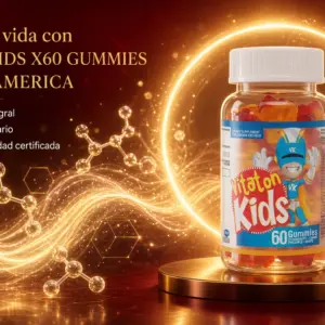 Frasco transparente de 60 gomitas Vitaton Kids con tapa blanca en pedestal dorado, sobre fondo rojo iluminado con moléculas y ondas doradas.