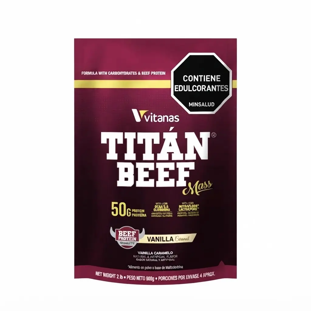 Empaque doypack morado de proteína en polvo Titan Beef 2 libras sabor vainilla caramelo con información nutricional visible.