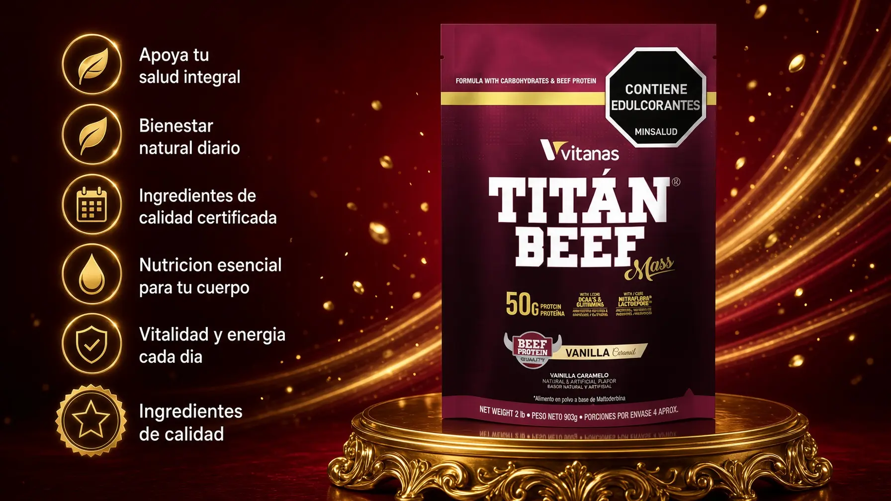 Bolsa de proteína de carne Titan Beef 2 libras sabor vainilla caramelo sobre pedestal dorado con fondo rojo y dorado brillante.
